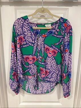 Anthropologie Kendra Dandy Green, Purple & Pink Printed Tie-Front Blouse
